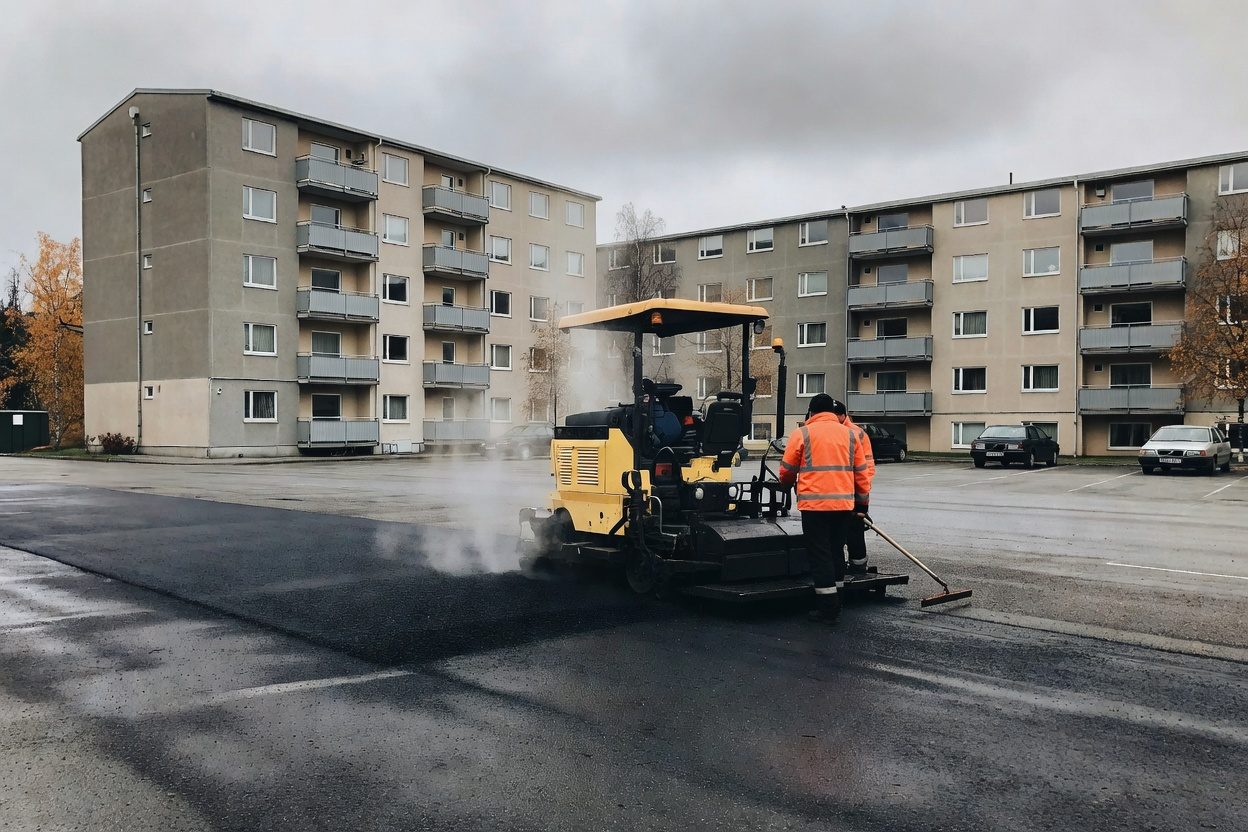 Asfaltlegging på parkeringsplassen ved en boligblokk